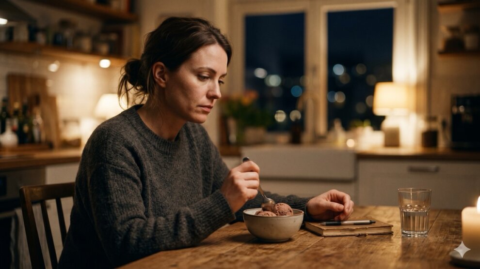 Frau sitzt am Tisch und isst
